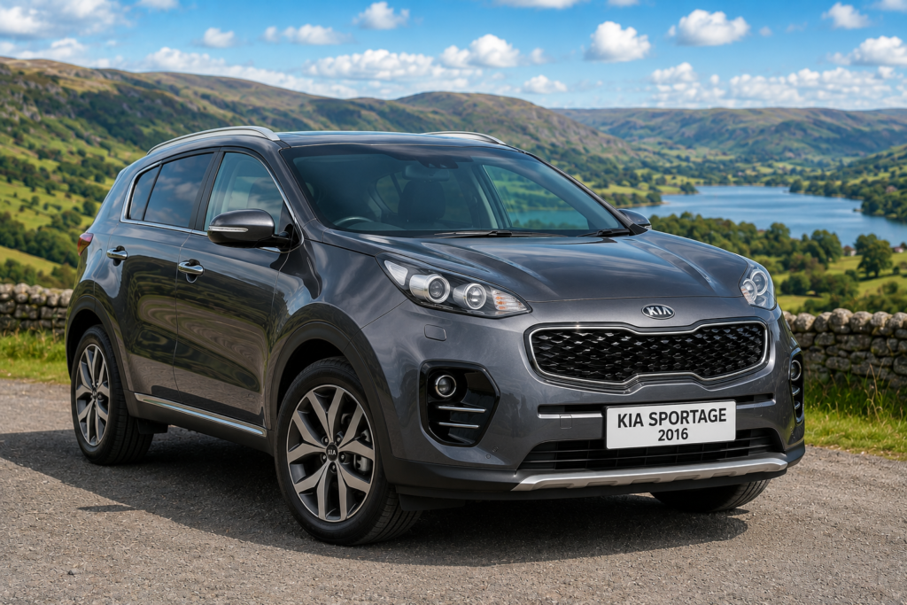 2016 Kia Sportage parked in the British countryside, recommended by DriveAndTech as the best family SUV under £10,000 in the UK.