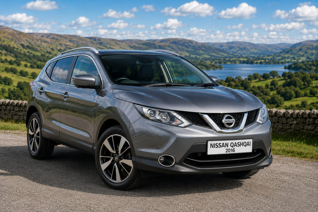 2016 Nissan Qashqai parked in the British countryside, recommended by DriveAndTech as one of the lowest-cost SUVs to own under £10,000 in the UK.