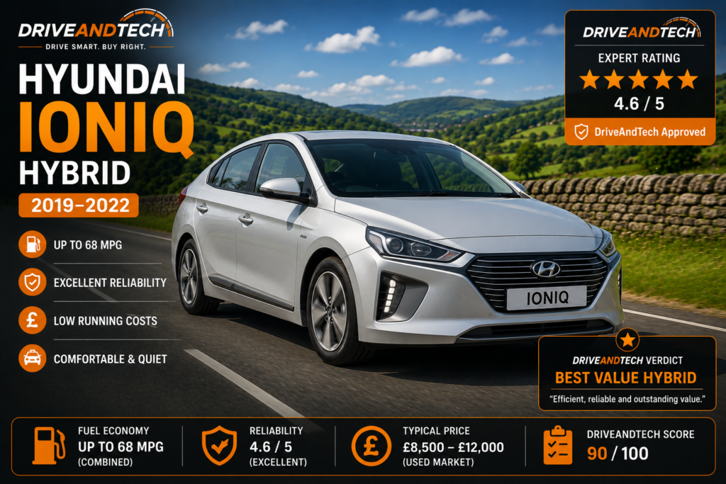 2020 Hyundai Ioniq Hybrid on a scenic UK country road, DriveAndTech's Best Value Hybrid under £15,000.