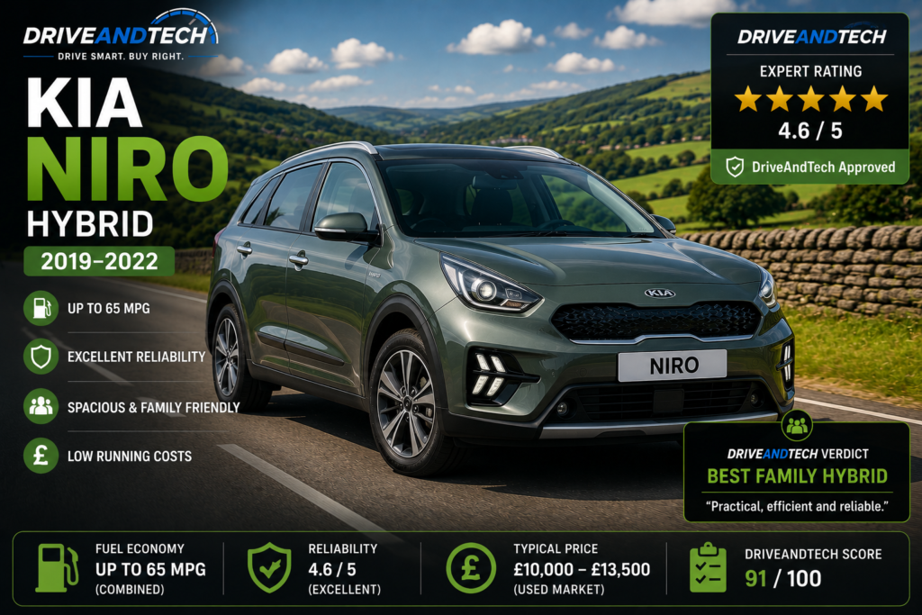 2021 Kia Niro Hybrid on a scenic UK country road, DriveAndTech's Best Family Hybrid under £15,000.