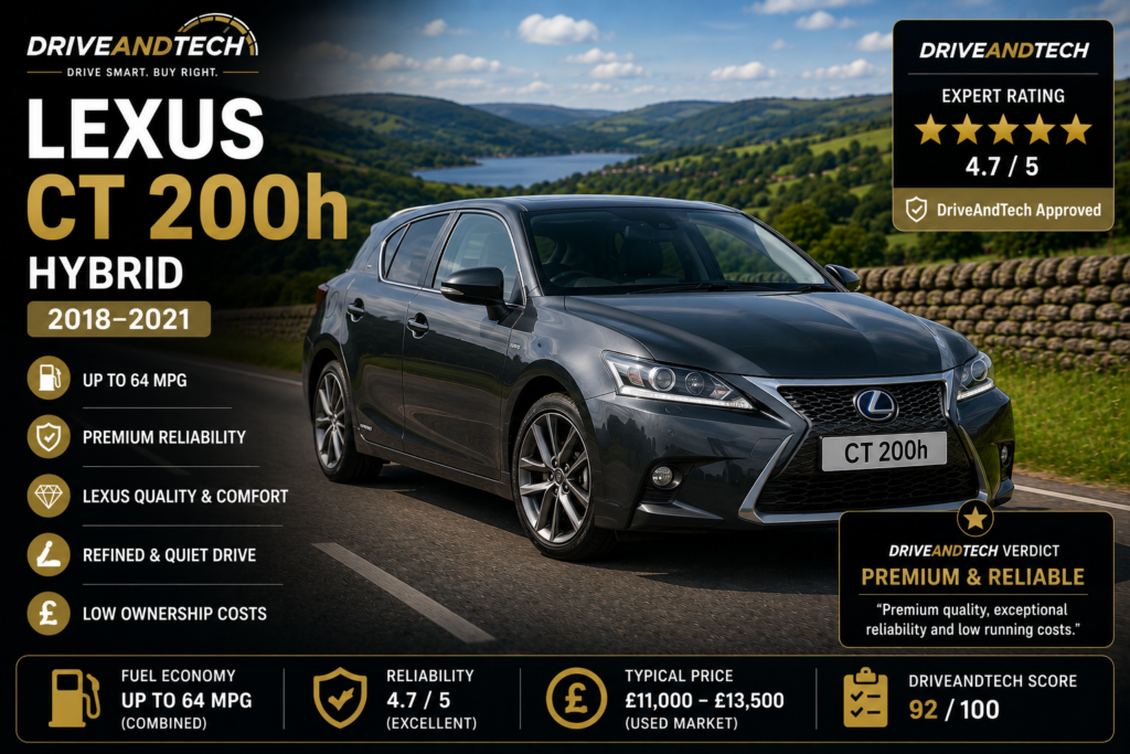 2020 Lexus CT 200h Hybrid on a scenic UK country road, DriveAndTech's Best Premium Hybrid under £15,000.
