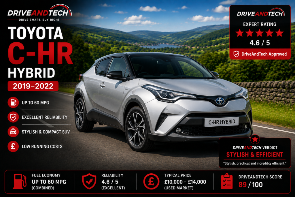 2021 Toyota C-HR Hybrid on a scenic UK country road, DriveAndTech's Best Hybrid Crossover under £15,000.