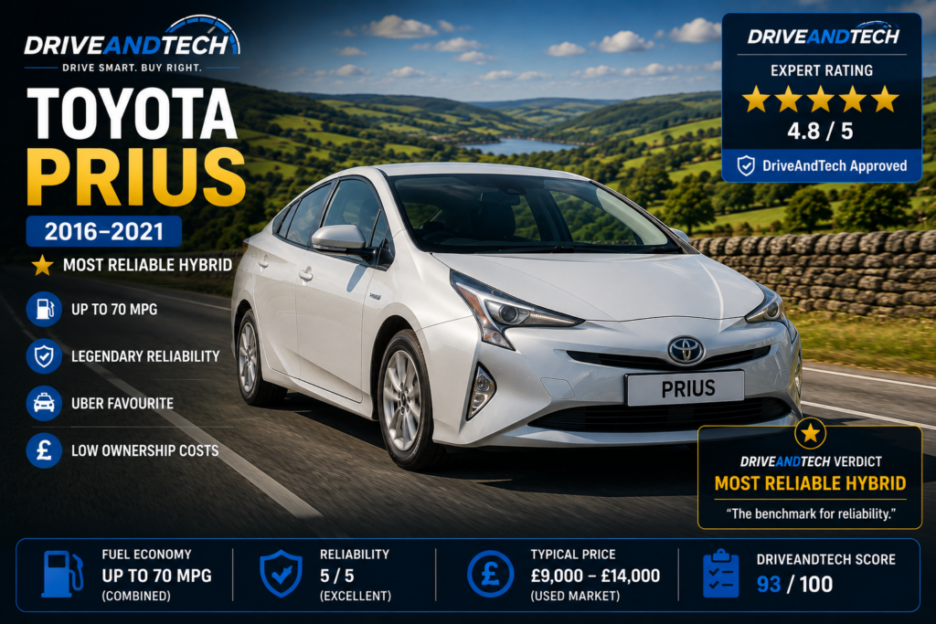 2018 Toyota Prius Hybrid on a scenic UK country road, DriveAndTech's Most Reliable Hybrid and top choice for Uber drivers.