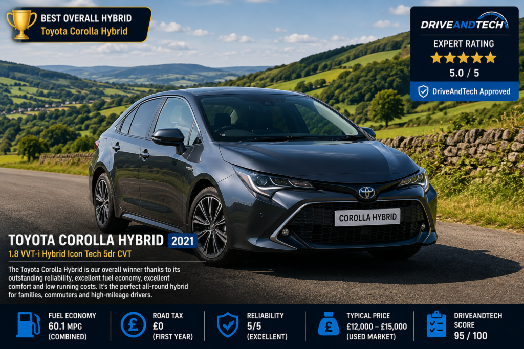 2021 Toyota Corolla Hybrid parked on a scenic UK country road, DriveAndTech's Best Overall Hybrid under £15,000.