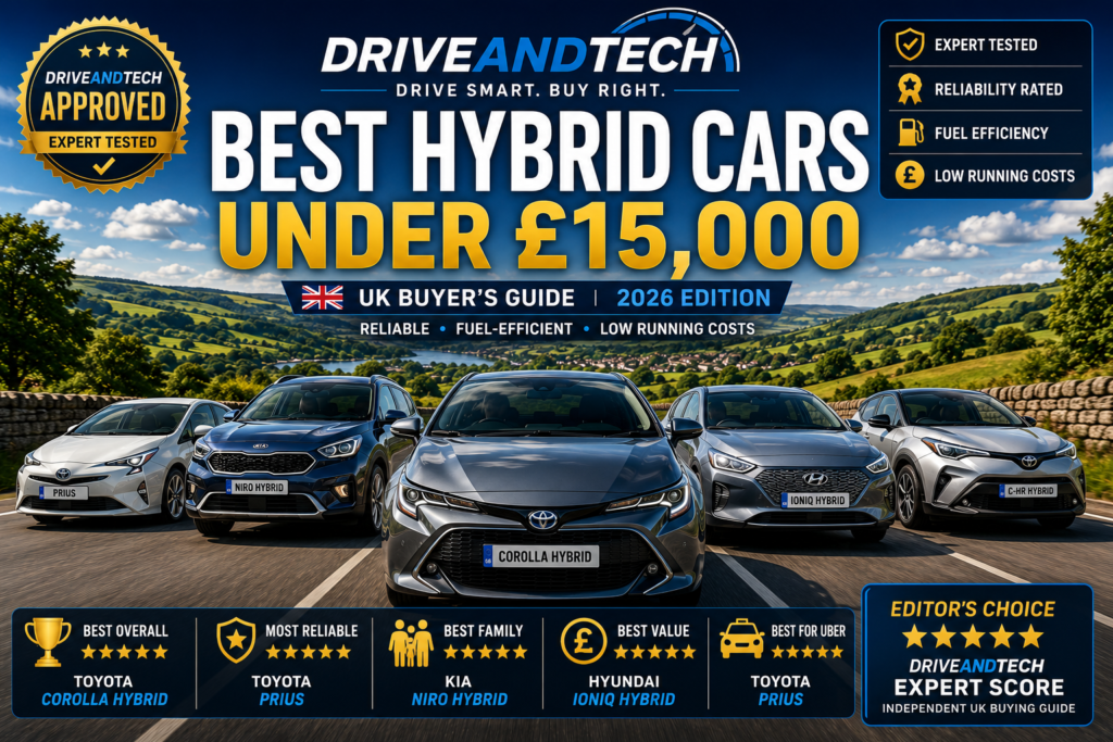 The best hybrid cars under £15,000 in the UK, including the Toyota Corolla Hybrid, Toyota Prius, Kia Niro Hybrid, Hyundai Ioniq Hybrid and Toyota C-HR Hybrid.
