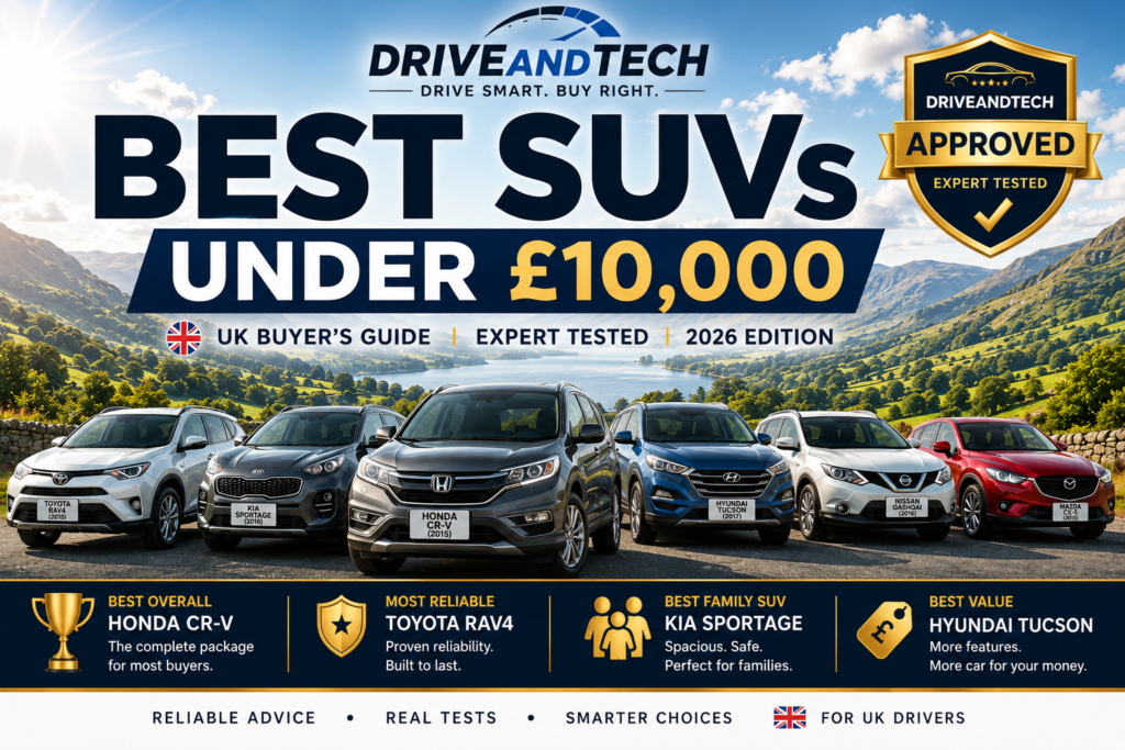 Best SUVs under £10,000 in the UK featuring the 2015 Honda CR-V, Toyota RAV4, Kia Sportage, Hyundai Tucson, Nissan Qashqai and Mazda CX-5.