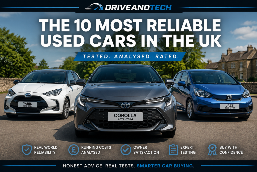 Most Reliable Used Cars in the UK 2026 featuring Toyota Corolla, Toyota Yaris and Honda Jazz