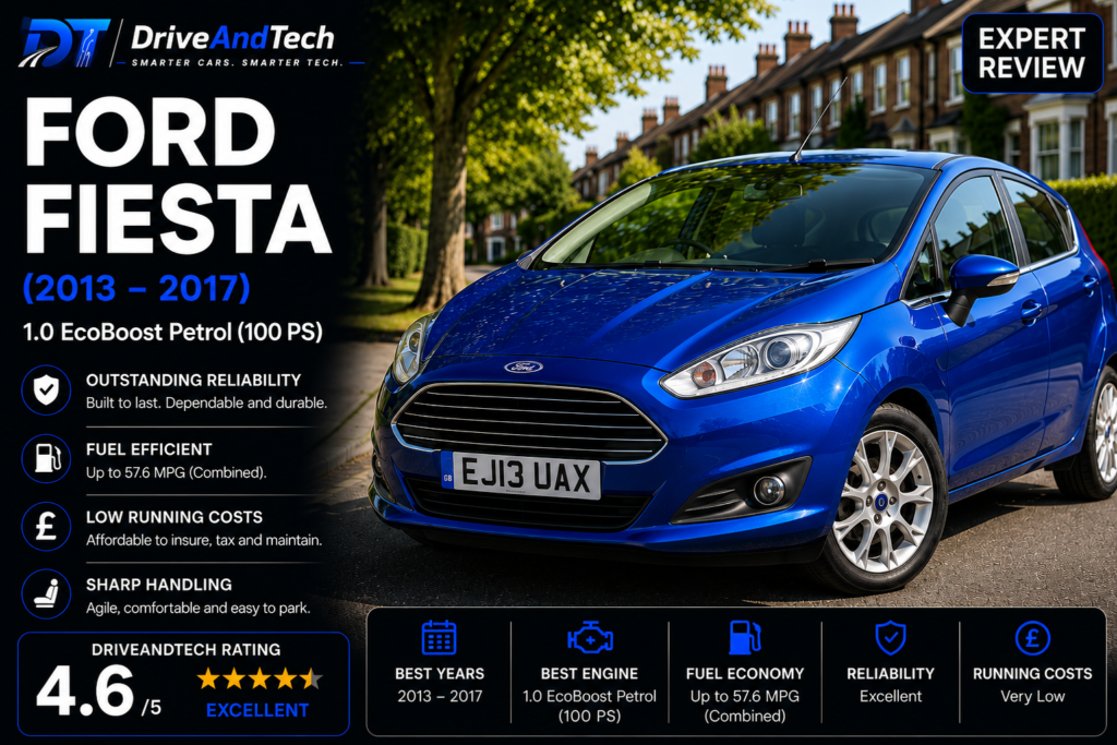 Ford Fiesta 1.0 EcoBoost Petrol (2013–2017) expert review by DriveAndTech, highlighting excellent handling, strong reliability, low running costs and impressive fuel economy as one of the best used superminis in the UK.