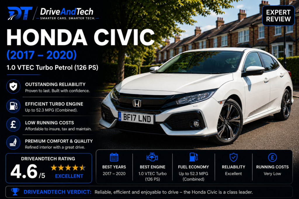 Honda Civic 1.0 VTEC Turbo Petrol (2017–2020) expert review by DriveAndTech, highlighting outstanding reliability, efficient turbo performance, low running costs and refined comfort as one of the best used family hatchbacks in the UK.