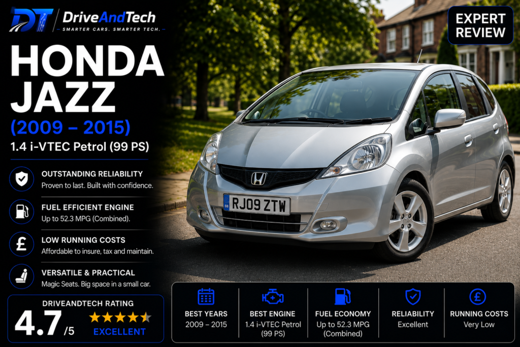 Honda Jazz 1.4 i-VTEC Petrol (2009–2015) expert review by DriveAndTech, highlighting exceptional reliability, excellent fuel economy, low running costs and class-leading practicality as one of the best used superminis in the UK.