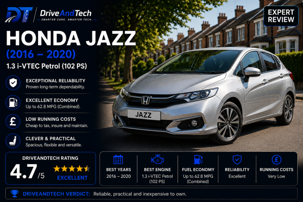 Honda Jazz 1.4 i-VTEC Petrol (2009–2015) featured as one of the UK's most reliable used superminis in DriveAndTech's 2026 reliability guide.