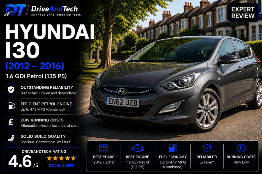 Hyundai i30 1.6 GDi Petrol (135 PS) (2012–2016) featured as one of the UK's most reliable used family hatchbacks in DriveAndTech's 2026 reliability guide.