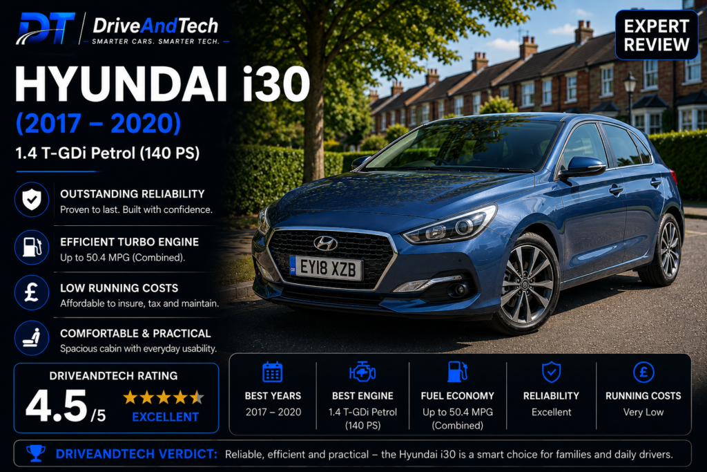 Hyundai i30 1.6 GDi Petrol (2012–2016) expert review by DriveAndTech, highlighting solid reliability, excellent fuel economy, low running costs and practical everyday usability as one of the best used family hatchbacks in the UK.