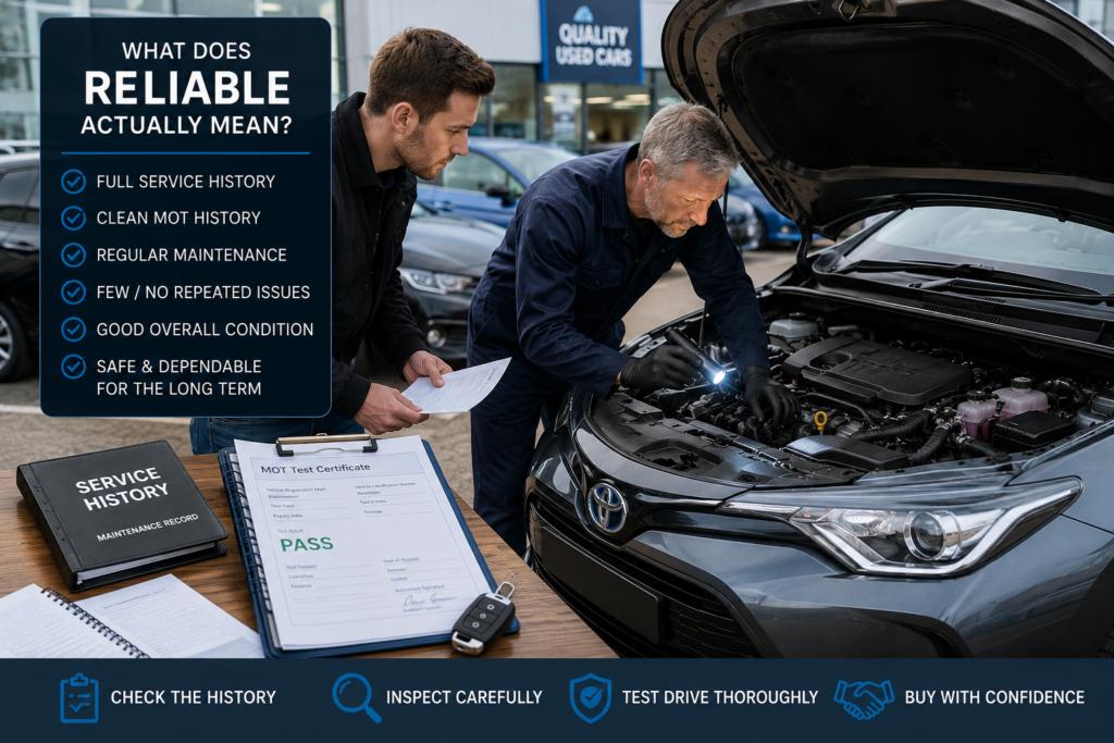 Buyer and mechanic inspecting a used Toyota with service history and MOT records before purchase in the UK.