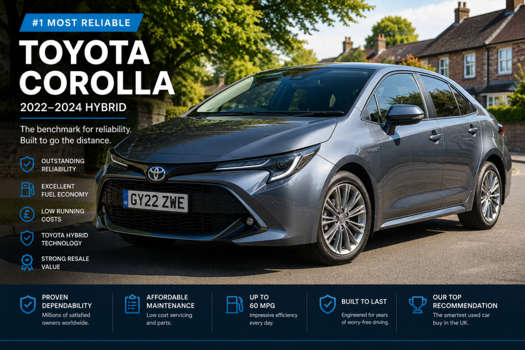 2022 Toyota Corolla Hybrid on a UK road, ranked as DriveAndTech's most reliable used car for 2026.