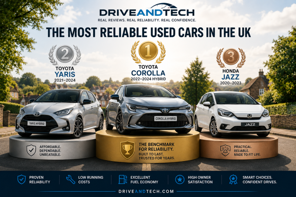 DriveAndTech's top three most reliable used cars in the UK: Toyota Corolla (1st), Toyota Yaris (2nd) and Honda Jazz (3rd).