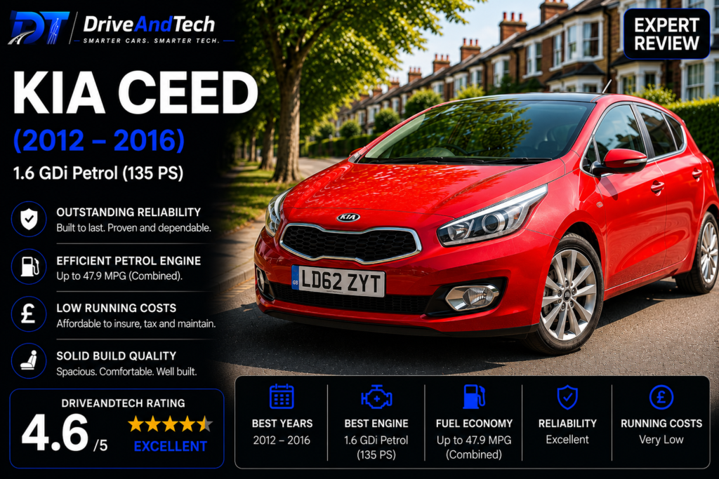 Kia Ceed 1.6 GDi Petrol (2012–2016) expert review by DriveAndTech, highlighting strong reliability, excellent fuel economy, low running costs and impressive practicality as one of the best used family hatchbacks in the UK.