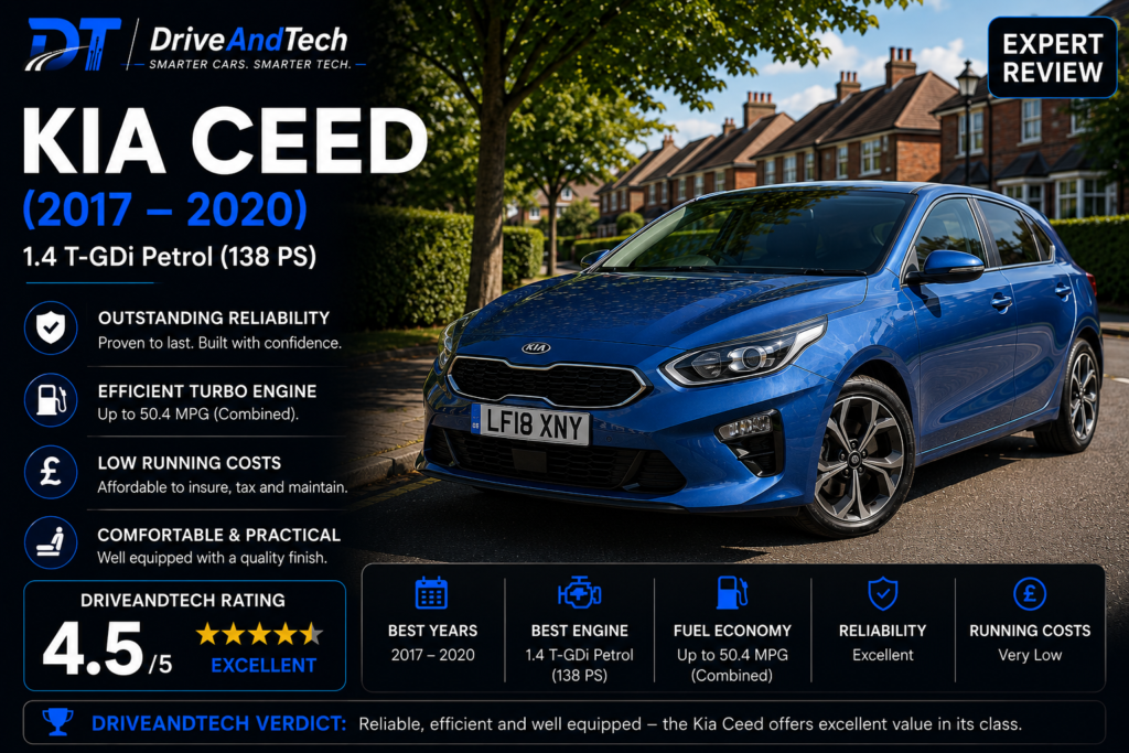 Kia Ceed 1.4 T-GDi Petrol (2017–2020) expert review by DriveAndTech, highlighting strong reliability, excellent fuel economy, low running costs and impressive practicality as one of the best used family hatchbacks in the UK.