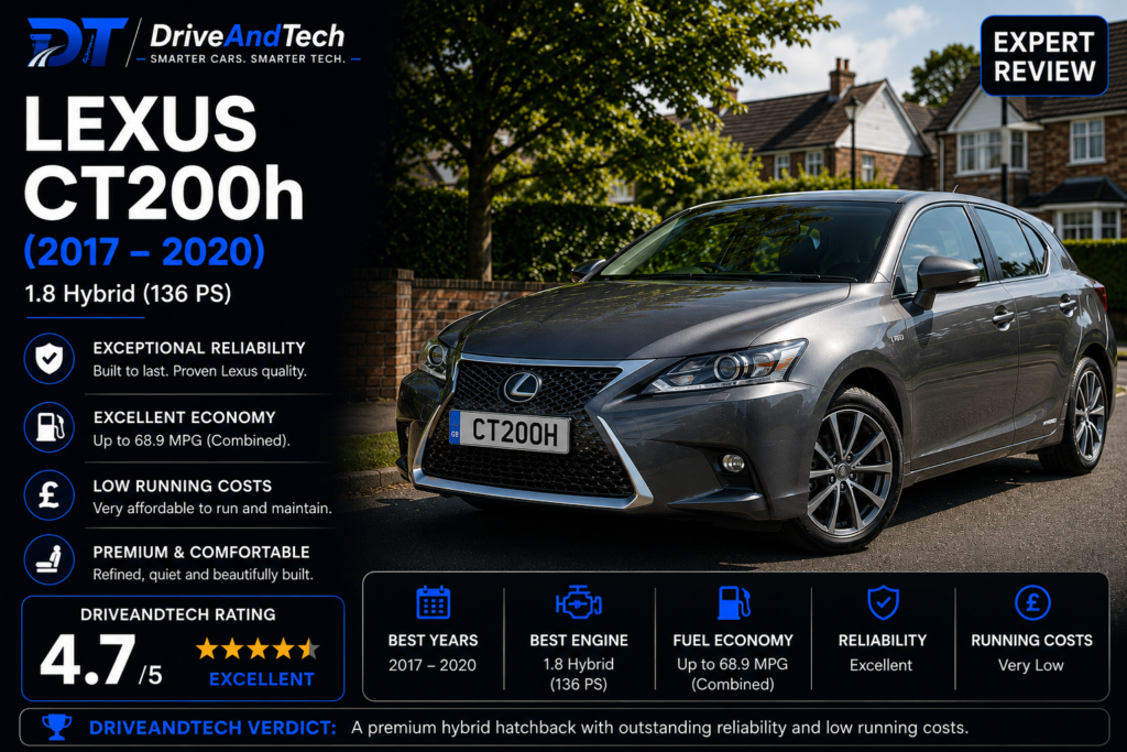 Lexus CT200h Hybrid (2017–2020) expert review by DriveAndTech, highlighting premium build quality, outstanding reliability, excellent fuel economy and low running costs as one of the best used premium hybrid hatchbacks in the UK.
