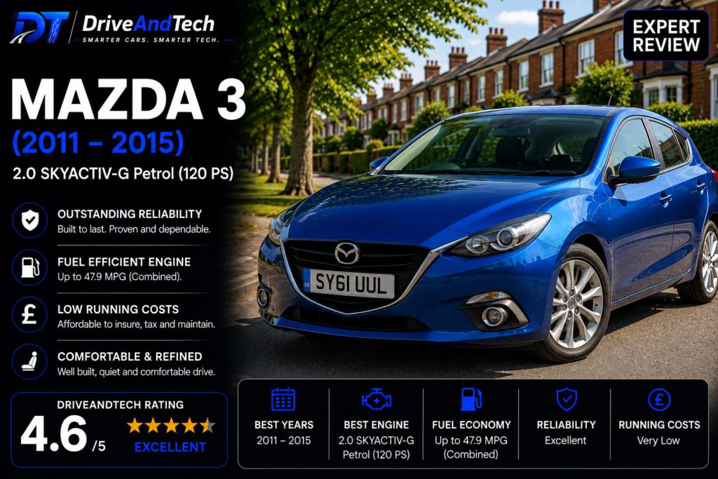 Mazda 3 2.0 SKYACTIV-G Petrol (2011–2015) expert review by DriveAndTech, highlighting engaging driving dynamics, strong reliability, excellent fuel economy and premium interior quality as one of the best used family hatchbacks in the UK.