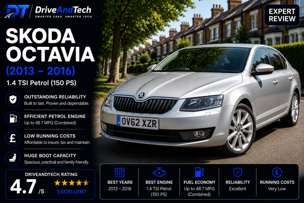 Skoda Octavia 1.4 TSI Petrol (2013–2016) expert review by DriveAndTech, highlighting outstanding practicality, strong reliability, excellent fuel economy and low running costs as one of the best used family cars in the UK.