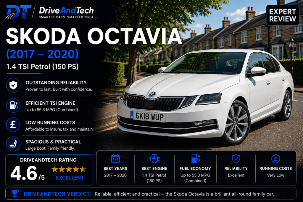 Skoda Octavia 1.5 TSI Petrol (2017–2020) expert review by DriveAndTech, highlighting outstanding practicality, excellent fuel economy, strong reliability and low running costs as one of the best used family cars in the UK.