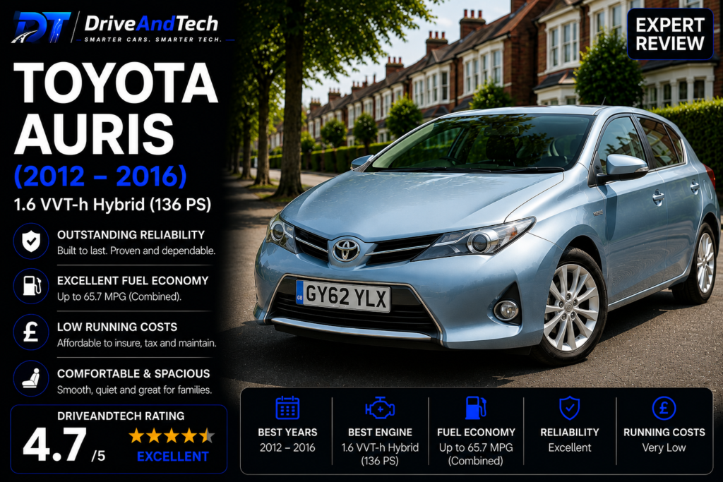 oyota Auris Hybrid 1.8 VVT-h (2012–2016) expert review by DriveAndTech, highlighting outstanding reliability, excellent fuel economy, low running costs and practical family-friendly design as one of the best used hybrid hatchbacks in the UK.
