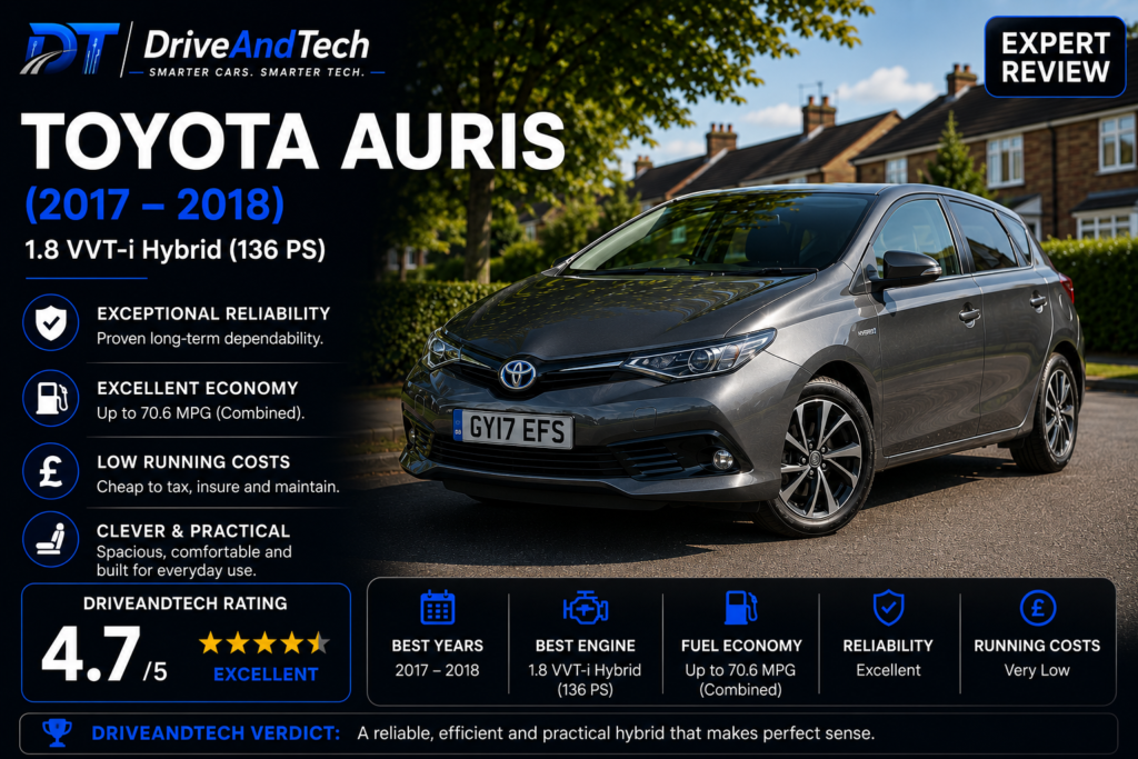Toyota Auris Hybrid (2017–2018) expert review by DriveAndTech, showcasing outstanding reliability, excellent fuel economy, low running costs and practical family-friendly design as one of the best used hybrid hatchbacks in the UK.