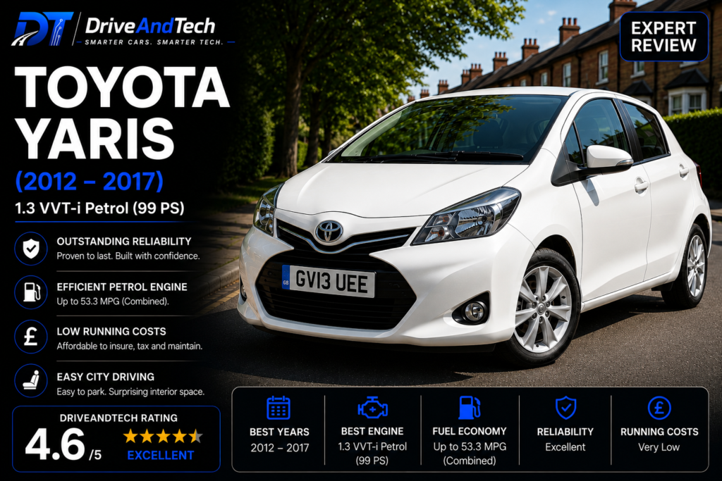 Toyota Yaris 1.33 Dual VVT-i Petrol (2012–2017) expert review by DriveAndTech, highlighting outstanding reliability, excellent fuel economy, low running costs and everyday practicality as one of the best used superminis in the UK.