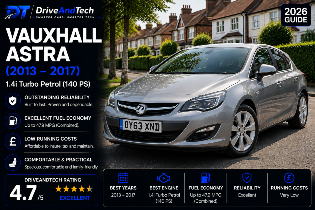 Vauxhall Astra 1.4 Turbo Petrol (2013–2017) expert review by DriveAndTech, highlighting strong reliability, excellent fuel economy, low running costs and comfortable everyday driving as one of the best used family hatchbacks in the UK.