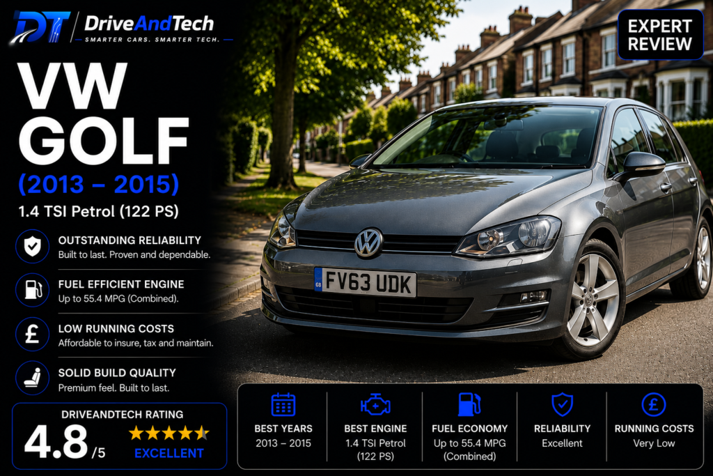 Volkswagen Golf Mk7 1.4 TSI Petrol (2013–2015) expert review by DriveAndTech, highlighting refined driving dynamics, strong reliability, excellent fuel economy and premium build quality as one of the best used family hatchbacks in the UK.