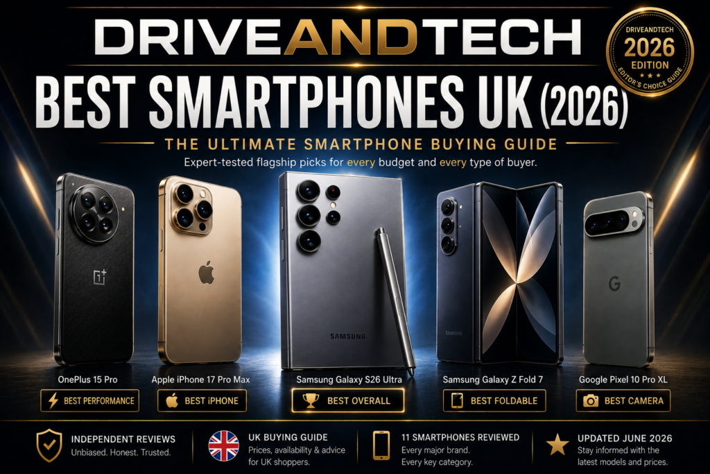 Best Smartphones UK 2026 hero cover featuring Samsung Galaxy S26 Ultra, iPhone 17 Pro Max, Google Pixel 10 Pro XL, Samsung Galaxy Z Fold 7 and OnePlus 15 Pro.