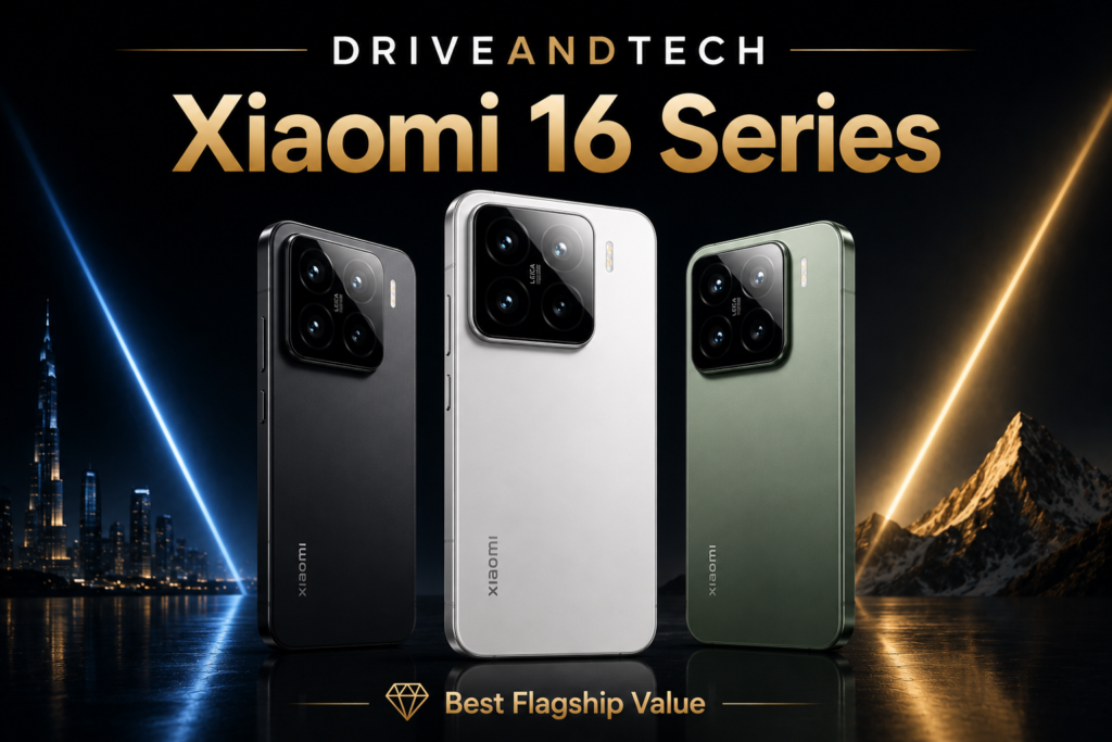Xiaomi 16 Series hero image showcasing the Xiaomi 16 Ultra, Xiaomi 16 Pro and Xiaomi 16 for the DriveAndTech Best Smartphones UK guide.
