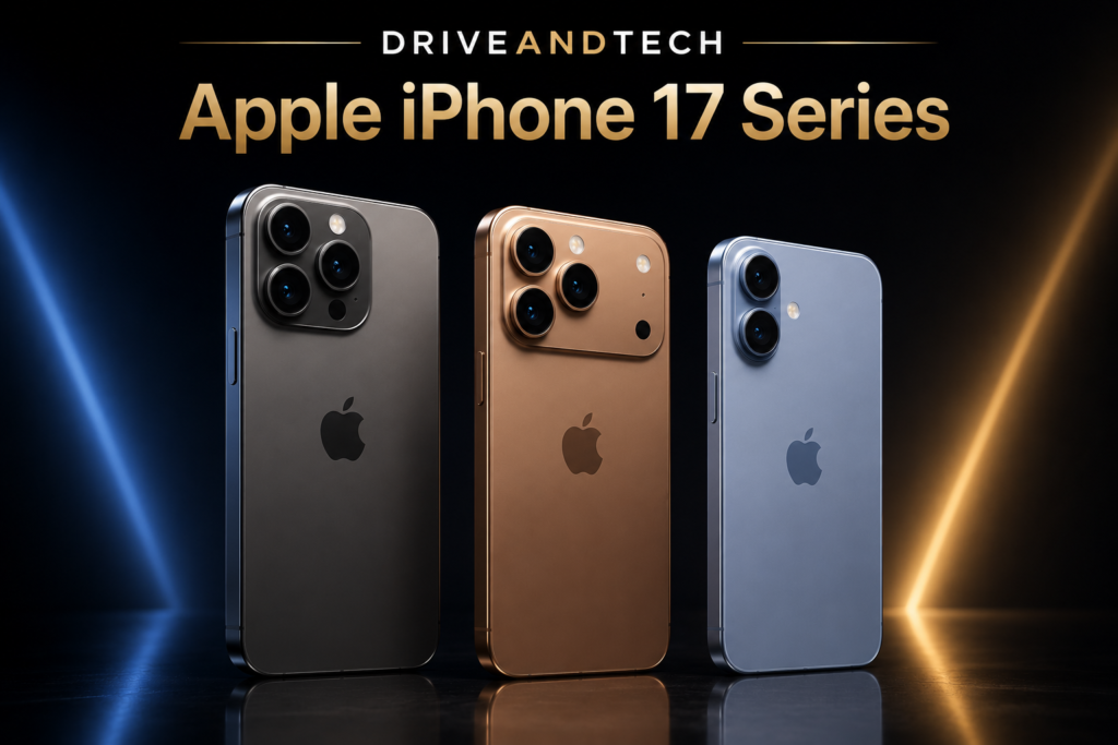 Apple iPhone 17 Series hero image showcasing the iPhone 17 Pro Max, iPhone 17 Pro and iPhone 17 for the DriveAndTech Best Smartphones UK guide.