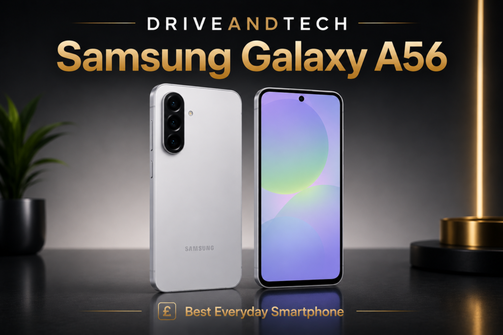 Samsung Galaxy A56 hero image for the DriveAndTech Best Smartphones UK guide, showcasing its premium everyday design.