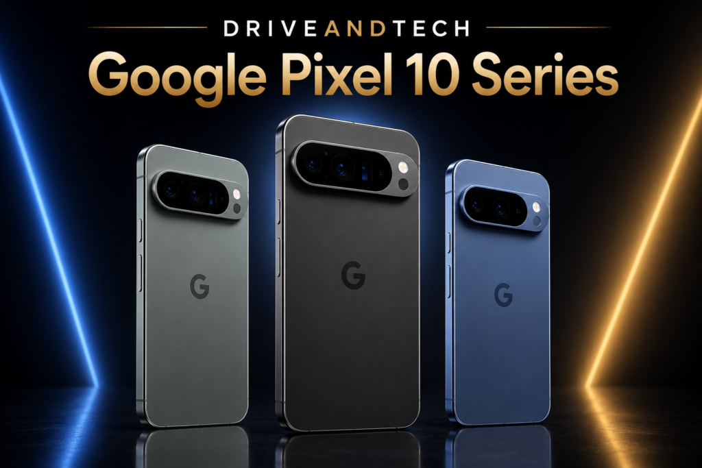 Google Pixel 10 Series hero image showcasing the Pixel 10 Pro XL, Pixel 10 Pro and Pixel 10 for the DriveAndTech Best Smartphones UK guide.