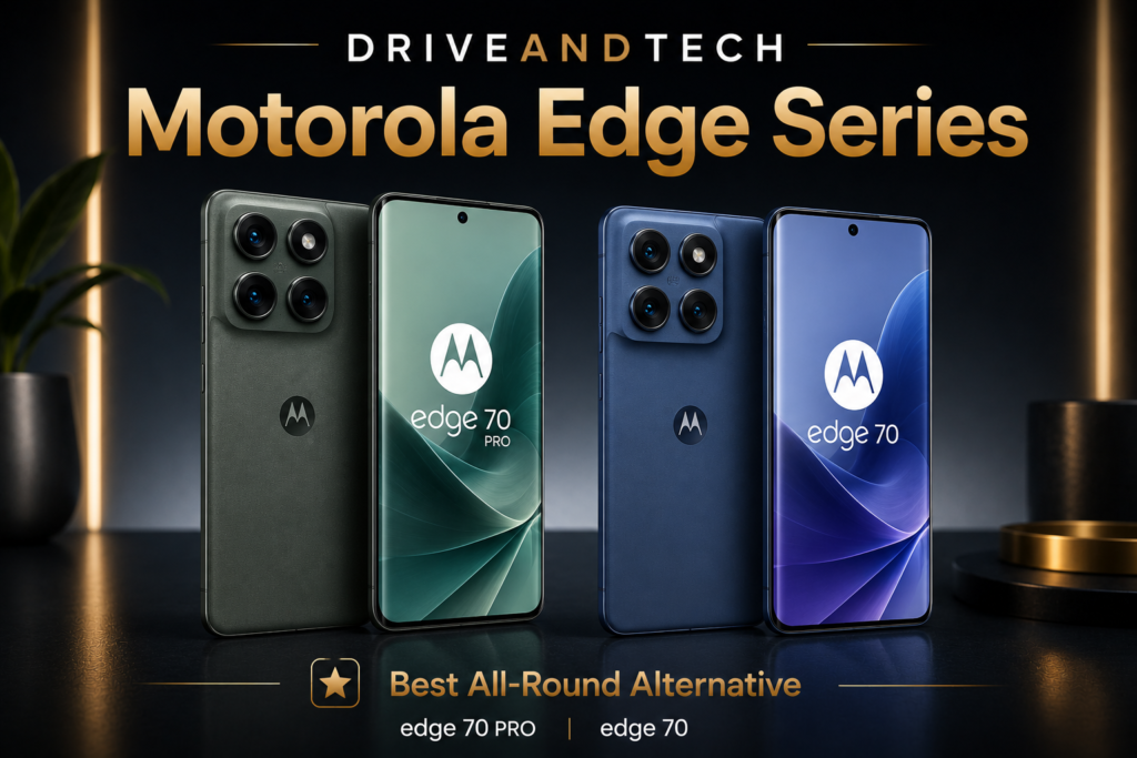 Motorola Edge Series hero image showcasing the Motorola Edge 70 Pro and Motorola Edge 70 for the DriveAndTech Best Smartphones UK guide.
