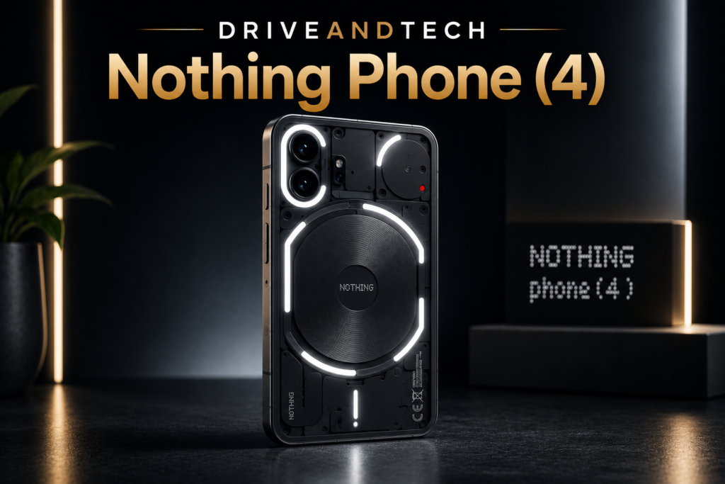 Nothing Phone (4) hero image showcasing its transparent back design and Glyph lighting for the DriveAndTech Best Smartphones UK guide.