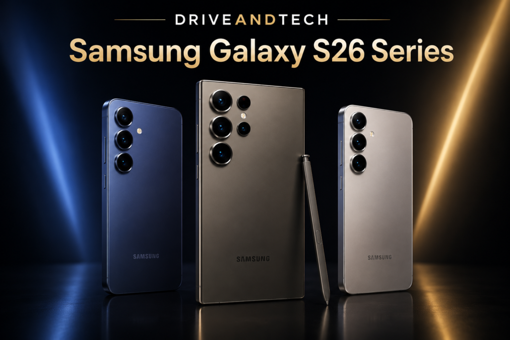 Samsung Galaxy S26 Series hero image with the Galaxy S26 Ultra, Galaxy S26+ and Galaxy S26 for the DriveAndTech Best Smartphones UK guide.