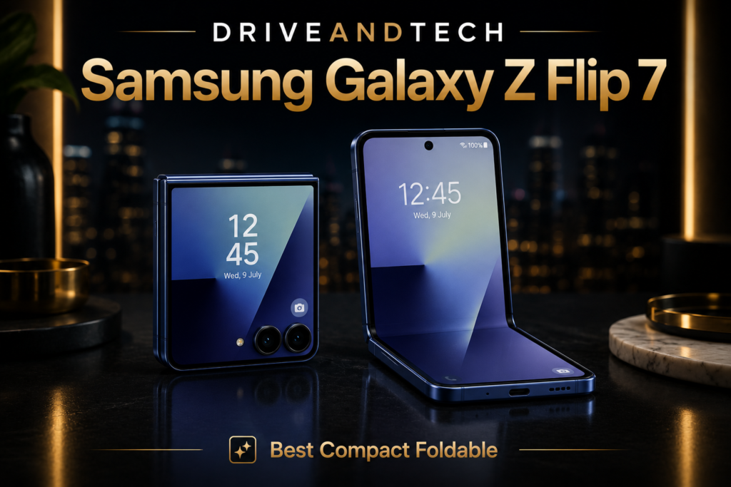 Samsung Galaxy Z Flip 7 hero image displaying folded and unfolded views for the DriveAndTech Best Smartphones UK guide.