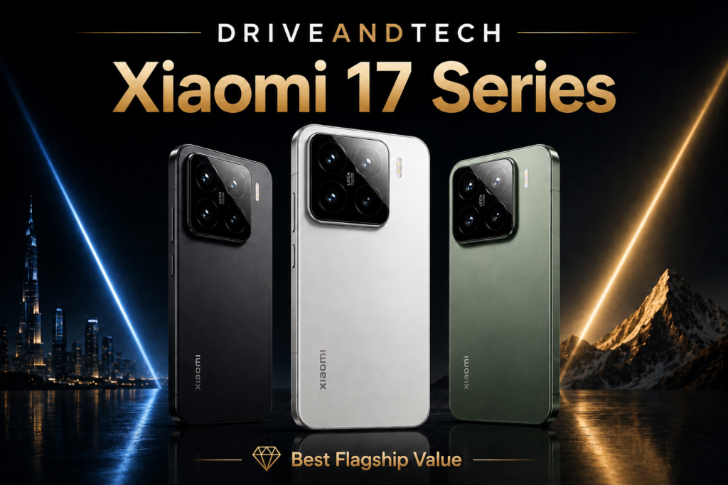 Xiaomi 17 Series smartphones in black, silver and green with DriveAndTech Best Flagship Value branding.