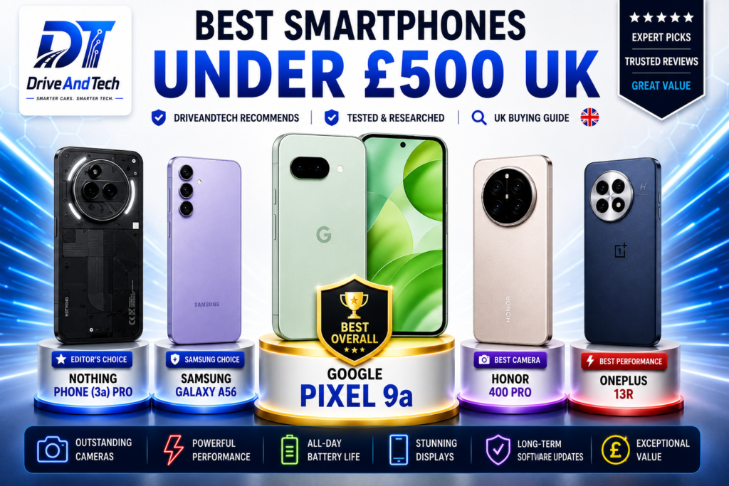 DriveAndTech hero image for the Best Smartphones Under £500 UK buying guide featuring the Google Pixel 9a as Best Overall alongside top smartphone recommendations under £500.