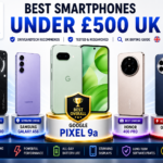 DriveAndTech hero image for the Best Smartphones Under £500 UK buying guide featuring the Google Pixel 9a as Best Overall alongside top smartphone recommendations under £500.