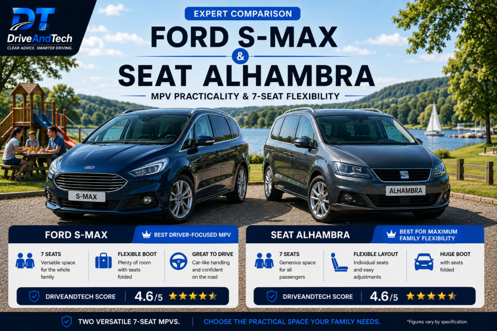 Ford S-Max and SEAT Alhambra compared as practical 7-seat family MPVs in the UK