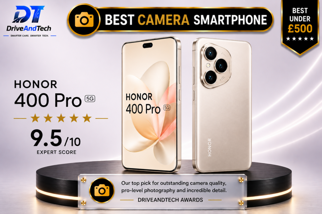 DriveAndTech Best Camera Smartphone award graphic featuring the HONOR 400 Pro, our top camera smartphone under £500 in the UK, shown from the front and rear on a premium display podium.