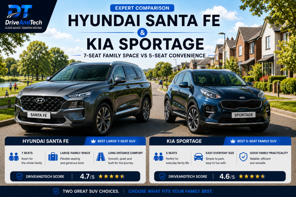 Hyundai Santa Fe 7-seat SUV and Kia Sportage 5-seat SUV compared for UK families