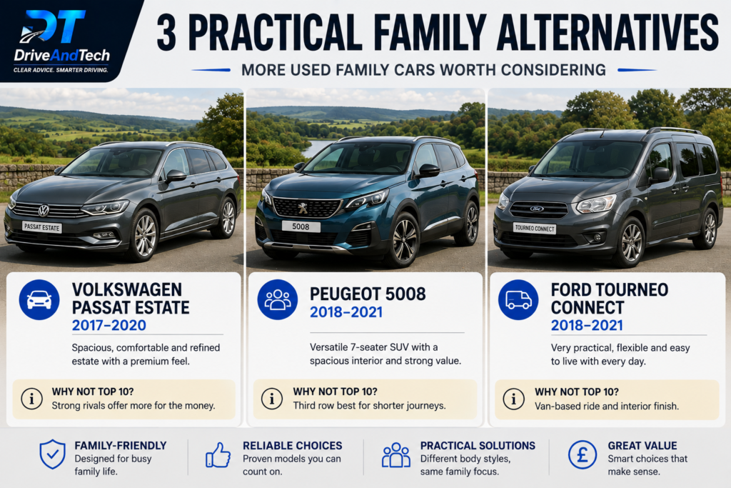 Volkswagen Passat Estate, Peugeot 5008 and Ford Tourneo Connect used family car alternatives