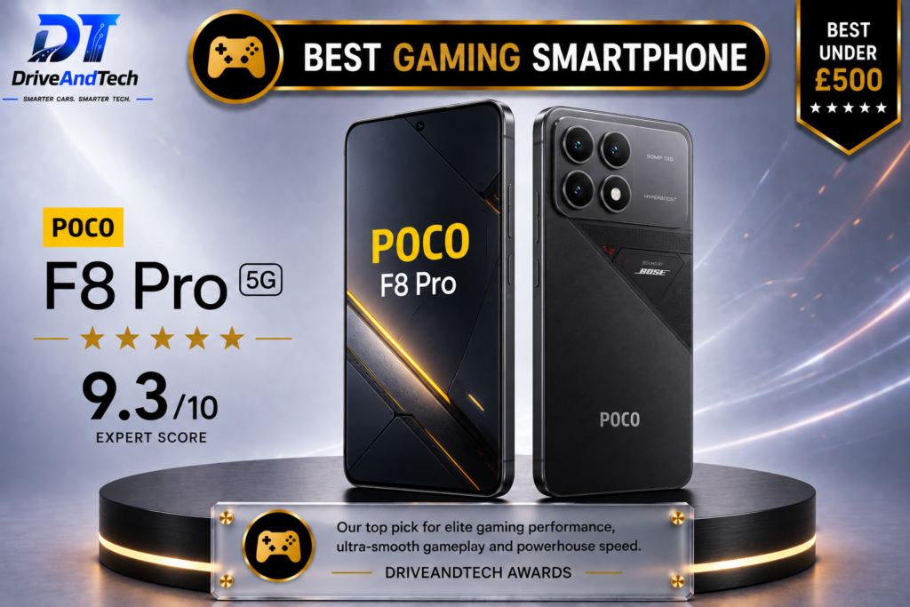 DriveAndTech Best Gaming Smartphone award graphic featuring the POCO F8 Pro, our top gaming smartphone under £500 in the UK, shown from the front and rear on a premium display podium.