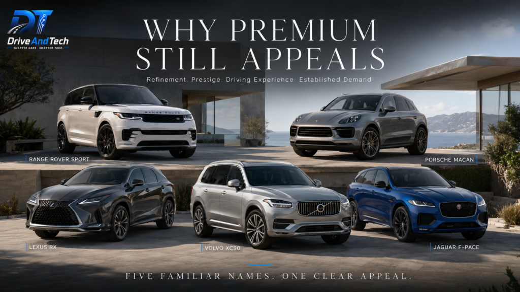 Premium used cars in the UK featuring Range Rover Sport, Porsche Macan, Lexus RX, Volvo XC90 and Jaguar F-Pace