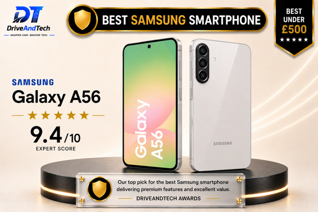 DriveAndTech Best Samsung Smartphone award graphic featuring the Samsung Galaxy A56, our top Samsung phone under £500 in the UK, shown from the front and rear on a premium display podium.